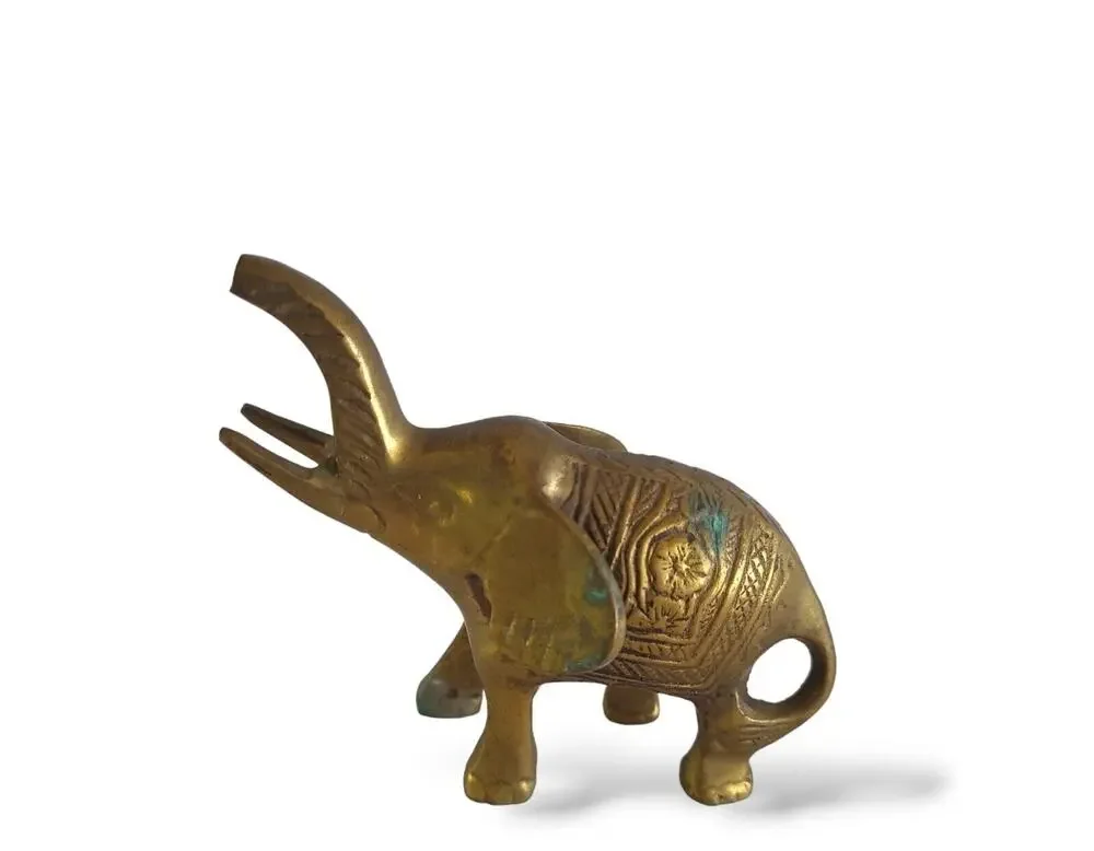 Vintage Brass Elephant Trunk Up Figurine Paperweight 3” MCM Made in India
